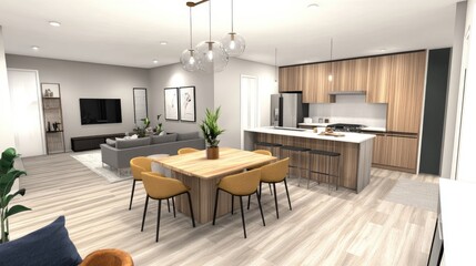 Fototapeta premium Scandinavian dining space with a natural wood theme, neutral color palette, and a sleek, modern touch.