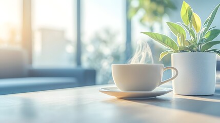 Close up shot of a delicate ceramic teacup filled with steaming hot tea placed against a backdrop of lush green leaves and sunlight filtering through creating a serene and tranquil ambiance