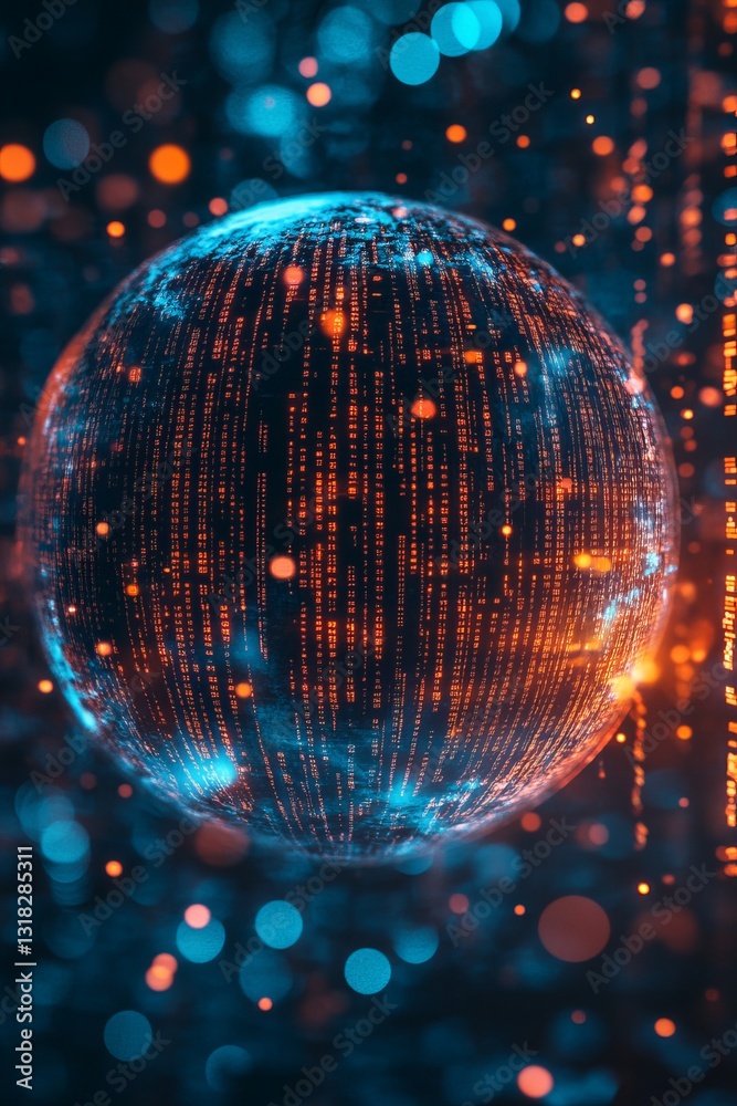 Poster vibrant abstract representation of a digital globe surrounded by glowing particles and flowing data.