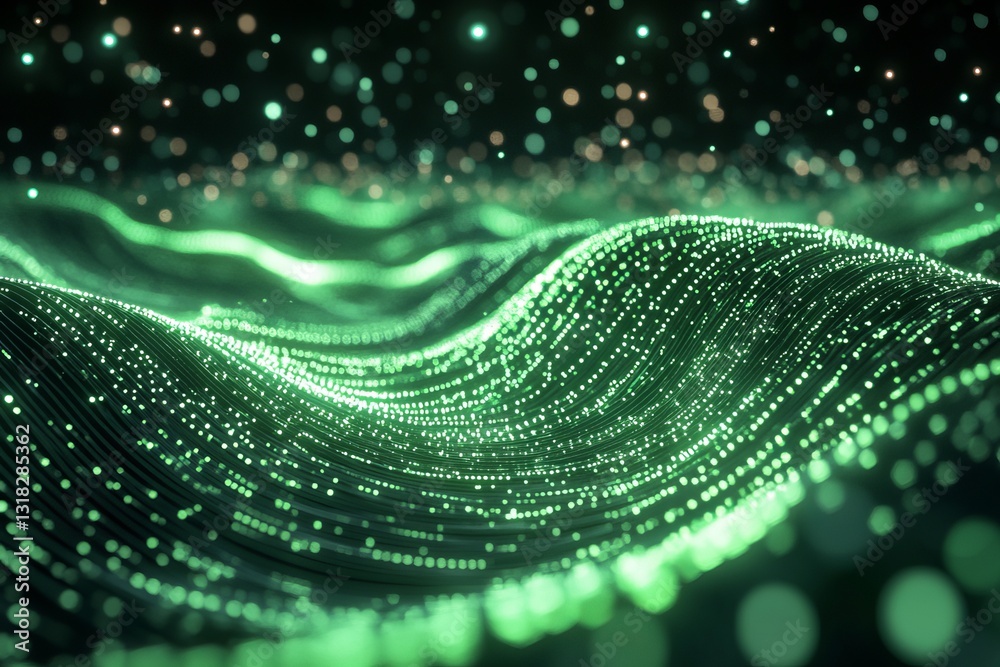 Wall mural this stunning abstract image features a flowing green wave pattern illuminated by sparkling light ef