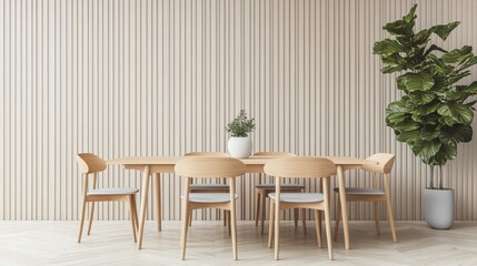 Fototapeta premium Sleek Scandinavian dining area with a light wood dining set, minimalist decor, and soft pastel wall accents.