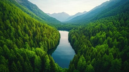 Stunning aerial perspective of a tranquil lake enclosed by lush trees highlighting the beauty of nature?s serenity
