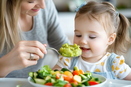 Baby nutrition feeding allergies awareness. A mother feeding her child healthy vegetables at the table.