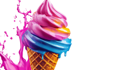 "A colorful ice cream cone with a splash of creamy ice cream dripping off, isolated on transparent background, evoking a sense of indulgence