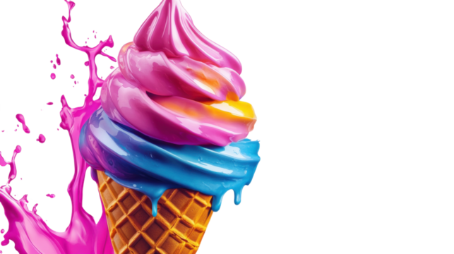 "A colorful ice cream cone with a splash of creamy ice cream dripping off, isolated on transparent background, evoking a sense of indulgence