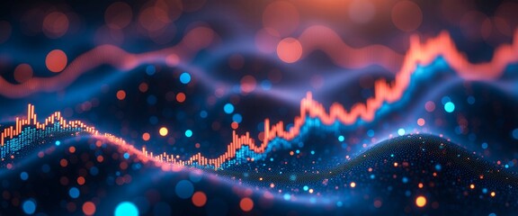 A computer screen shows a graph of a stock market. The graph is orange and blue, with the blue portion representing the stock market and the orange portion representing the fluctuations in the market