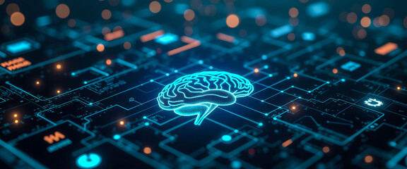 A brain is shown in a blue and white color scheme with a black background. The brain is surrounded by a clock and a graph. The clock is set to the time of 10:00. Scene is futuristic and technological
