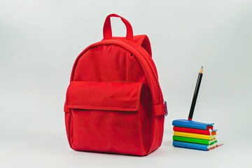 Red Backpack with Colourful Stationary and Books Isolated on White Background