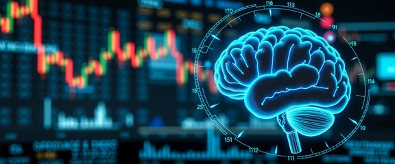 A brain is shown in a blue and white color scheme with a black background. The brain is surrounded by a clock and a graph. The clock is set to the time of 10:00. Scene is futuristic and technological