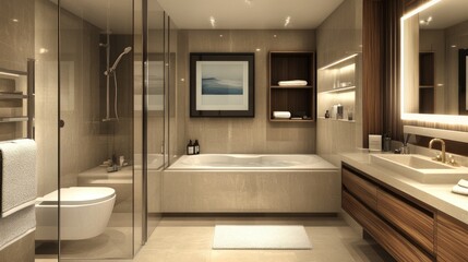 Spacious spa-like bathroom with a deep soaking tub, neutral tones, and modern wood accents.