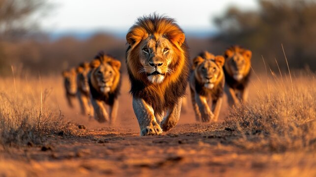 Powerful lion running through the lush grasslands of the african savanna in pursuit of its prey and adventure