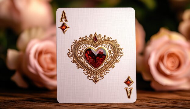 Close-up of an ace of hearts playing card with an ornate gold and red jewel design, resting on a wooden surface with blurred pink roses in the background - Powered by Adobe