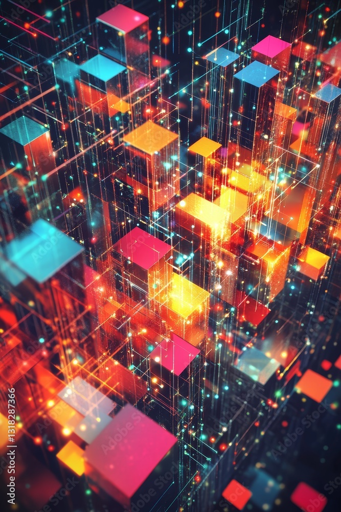 Poster a colorful image of a cityscape with many different colored blocks. the blocks are arranged in a way