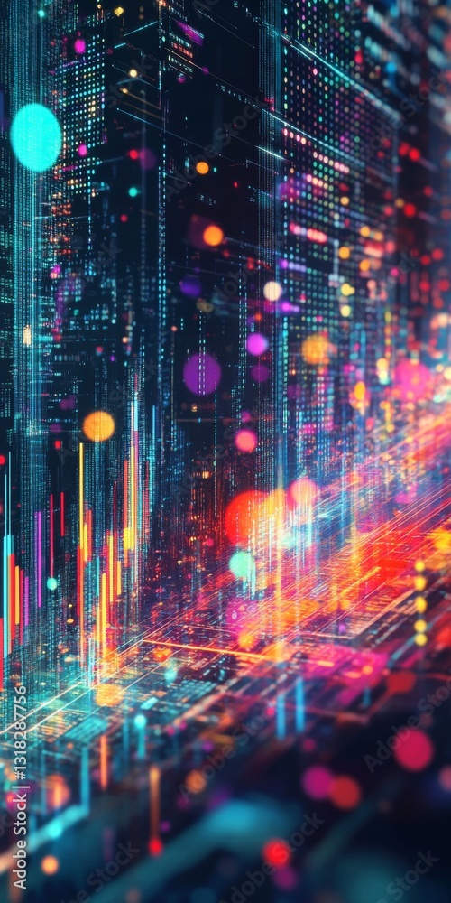 Poster abstract colorful data stream with vibrant lights and motion in a digital environment