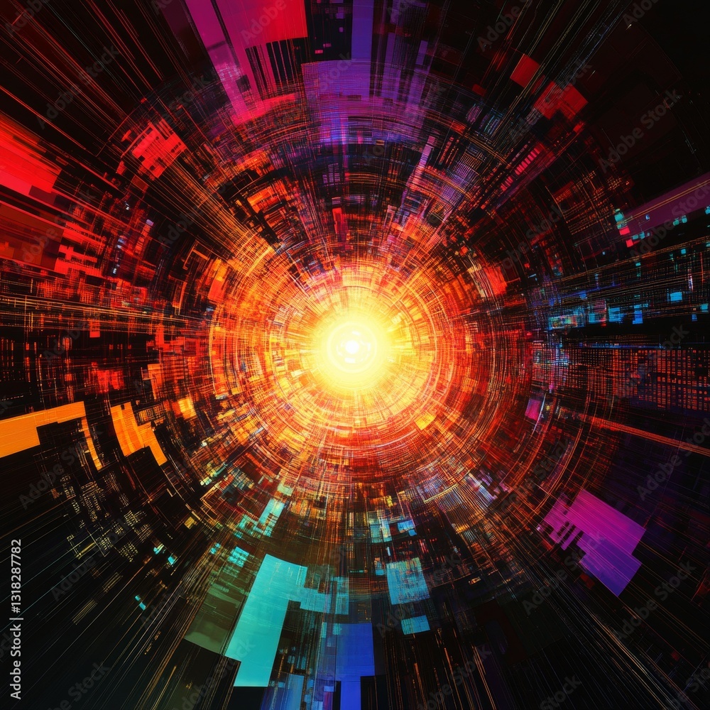 Canvas Prints vivid abstract digital energy emitting from center in colorful geometric patterns