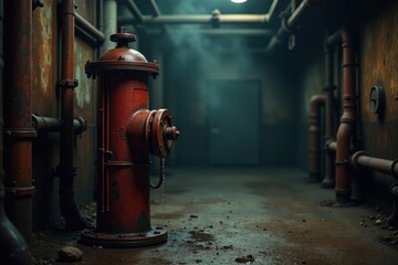 Rusty Fire Hydrant in a Dark Industrial Setting with Leaking Water and Aged Pipes