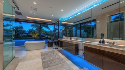 Ultra-modern bathroom with LED-lit mirrors, high-end fixtures, and a statement bathtub.