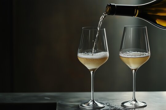 Filling a pair of wine glasses with white wine from a bottle