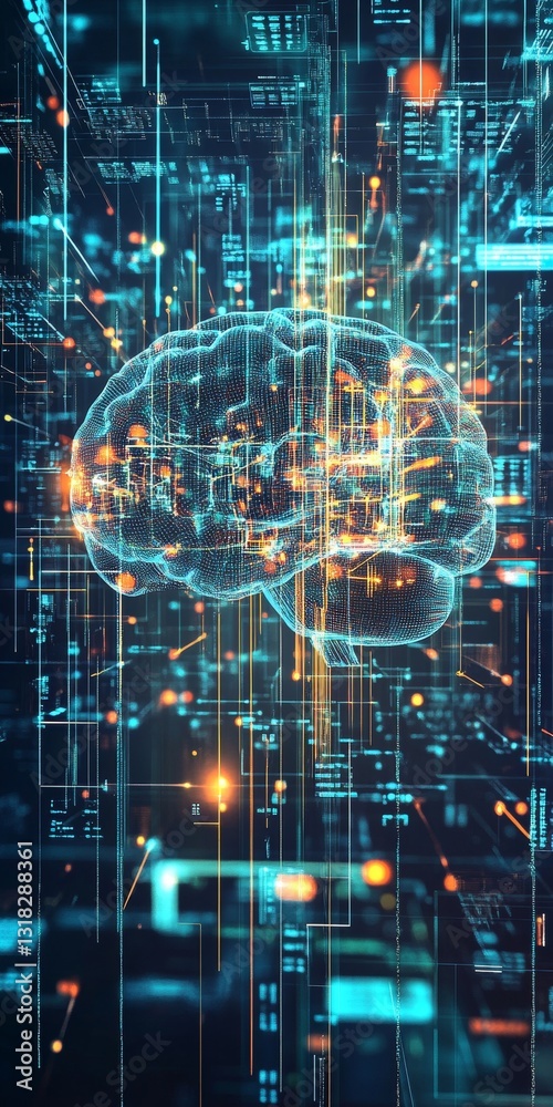 Poster abstract visualization of a neural network with bright lights and digital connections representing i
