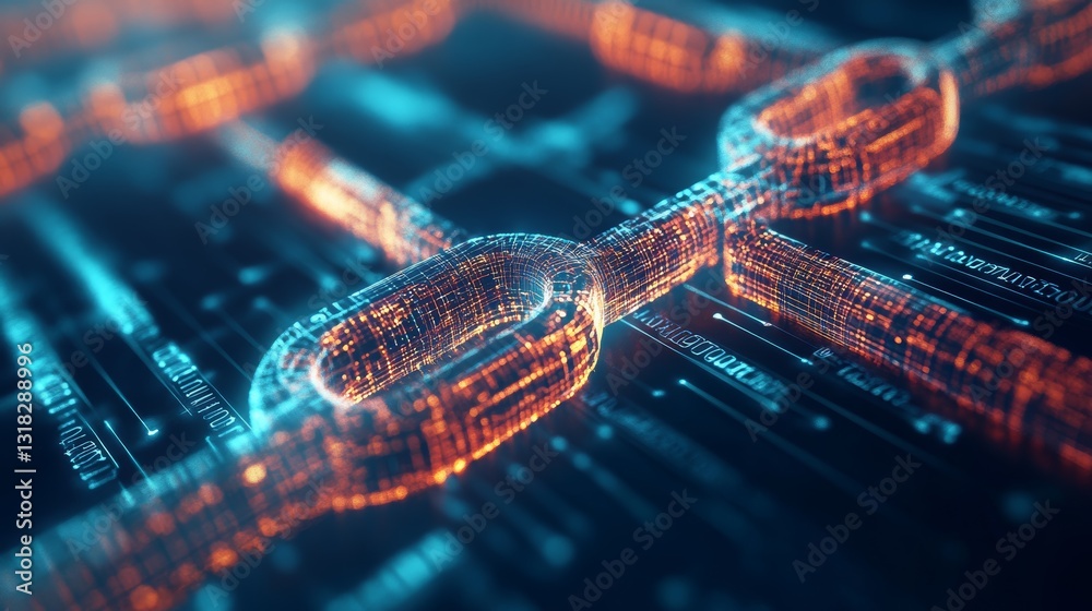 Poster a chain of links is shown in a blue and orange color scheme. the image is abstract and has a futuris