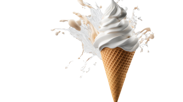 A cone with soft-serve ice cream splashing out in a playful way, isolated on transparent background, perfect for a sweet and whimsical design.