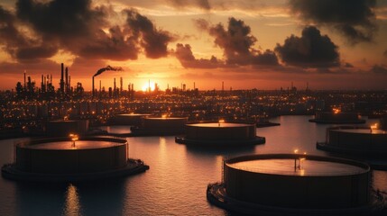 Fototapeta premium Sunset over industrial oil storage tanks with smokestacks silhouetted against the sky