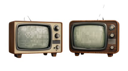 A collection of two retro television sets with wooden finishes, cut out and isolated on a transparent background, featuring old-school knobs and large screens.