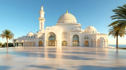 Obraz premium Stunning White Mosque with Palm Trees and Clear Blue Sky Background