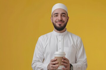 Arabic Young Man with White Shirt Holding Hot Coffee in Takeaway Paper Cup