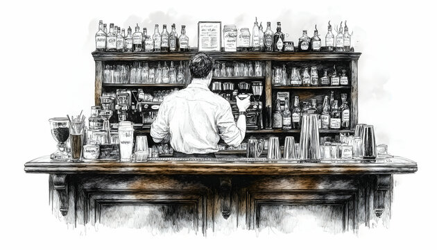 A bartender's back is seen tending a well-stocked bar, detailed with bottles and glassware. The image is rendered in a monochrome style, conveying a classic atmosphere