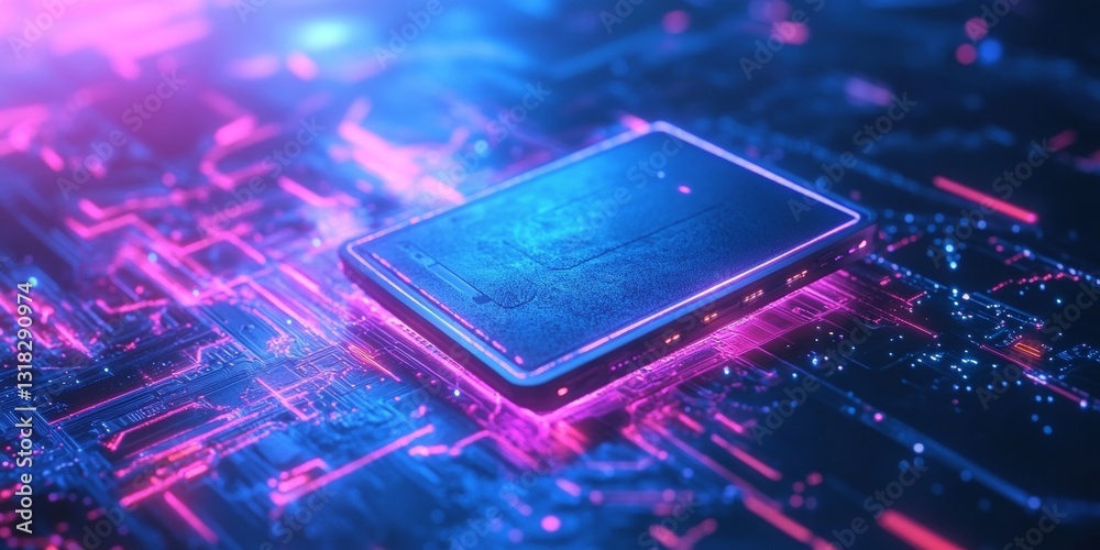 Wall mural futuristic microchip surrounded by abstract circuit patterns with neon blue and pink glow