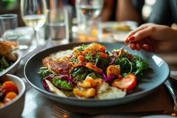 Person eating a plate of food.
