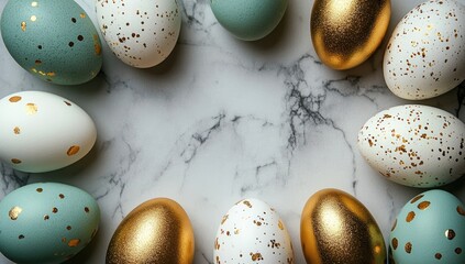 Obraz premium Pastel green, white, and gold speckled Easter eggs arranged in a circle on a marble background, leaving space in the center. 