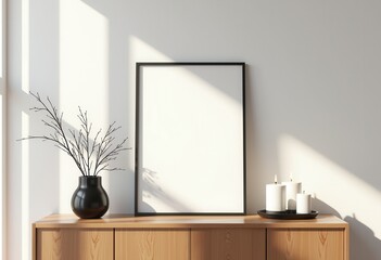 Blank frame mockup on desk with modern decor.