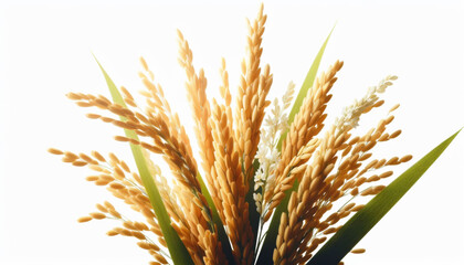 Fototapeta premium Close-up of rice with leaves on white background.