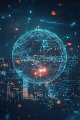 Fototapeta premium Futuristic Digital Globe Overlooking a Vibrant Cityscape Featuring Advanced Technology Visualization