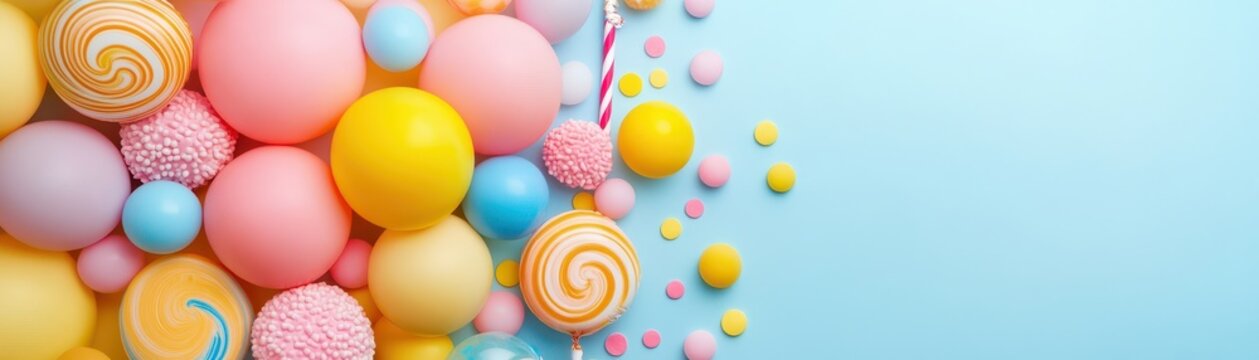Playful children s party background with animated sparkles, balloons, and candy decorations
