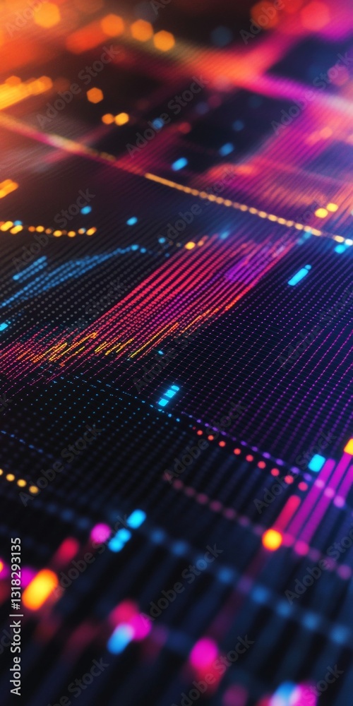 Poster abstract colorful digital waveforms and data patterns with vibrant neon lights
