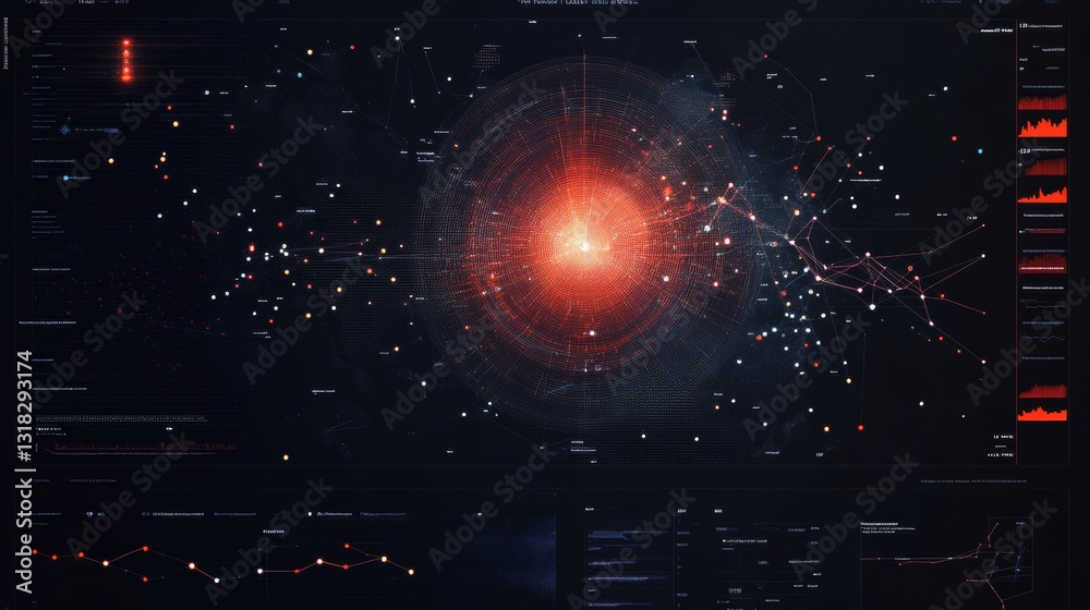 Poster detailed cosmic data visualization displaying endless stars and patterns in a digital interface