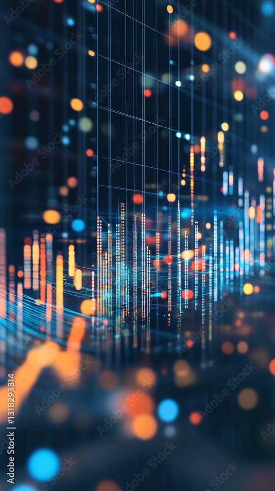 Poster dynamic abstract data visualization with colorful lights and graphs representing financial trends