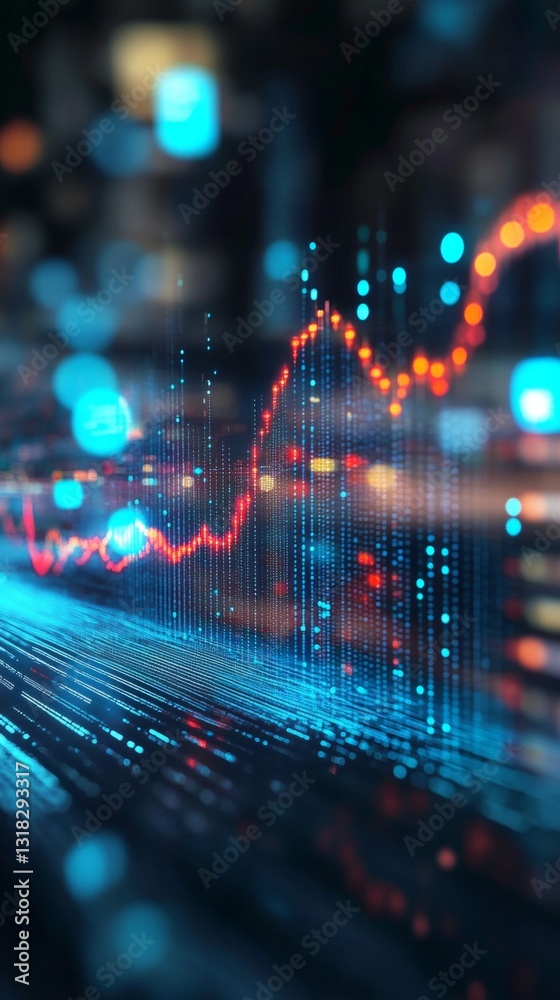 Wall mural abstract financial data visualization with graphical trends and digital elements in blue and red