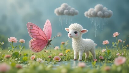 Adorable Lamb and Pink Butterfly in a Flowery Meadow under a Gentle Rain