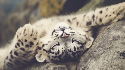 Adorable close-up of a playful snow leopard cub lying on its back, stretching its tiny paws with innocence and curiosity, showcasing the charm and rare beauty of this elusive mountain species