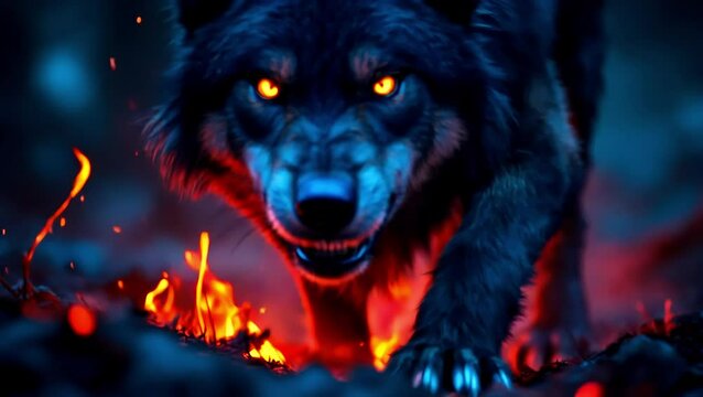 A powerful black wolf snarls aggressively, baring its sharp fangs. Its glowing eyes radiate rage, while its fur bristles with intensity