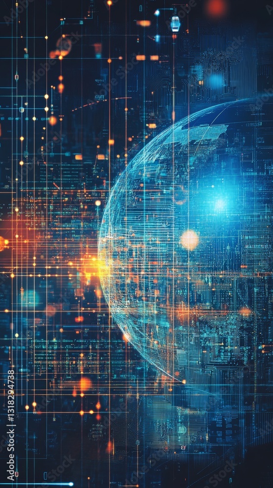 Wall mural futuristic digital abstract representation of a globe surrounded by light and data connections
