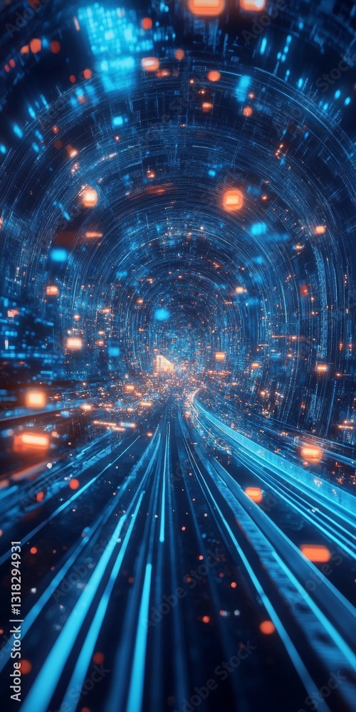 Canvas Prints futuristic digital tunnel with blue light particles and dynamic motion energy effects