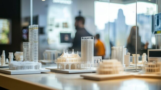 A high-tech office with 3D-printed building models on display