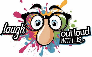 Naklejka premium Cartoon glasses and nose with colorful splashes and Laugh Out Loud With Us text in curvy font - April Fools' Day