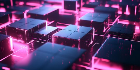 Obraz premium Complex Abstract Technology Background Featuring Glowing Neon Cubes in a Digital Environment