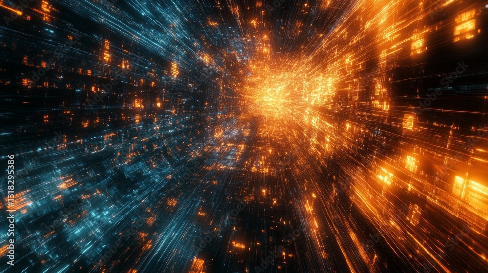 Wall mural dynamic abstract background with glowing blue and orange light particles in motion